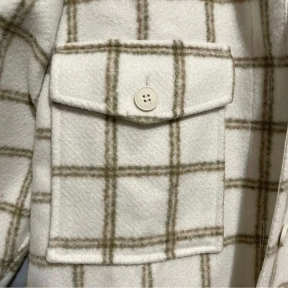 Women’s Treasure & Bond Plaid Puff Sleeve Shacket Shirt Jacket Ivory XS NWT - Picture 3 of 13
